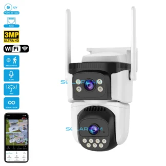 Cámara de seguridad exterior Ultra HD 9MP con triple lente, WiFi, audio, IP66 y puerto RJ45.