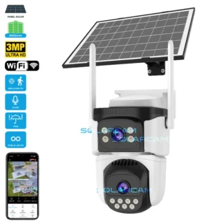 Cámara solar WiFi exterior Ultra HD 3MP con doble lente, seguimiento, audio bidireccional, IP66 y batería 80000 mAh