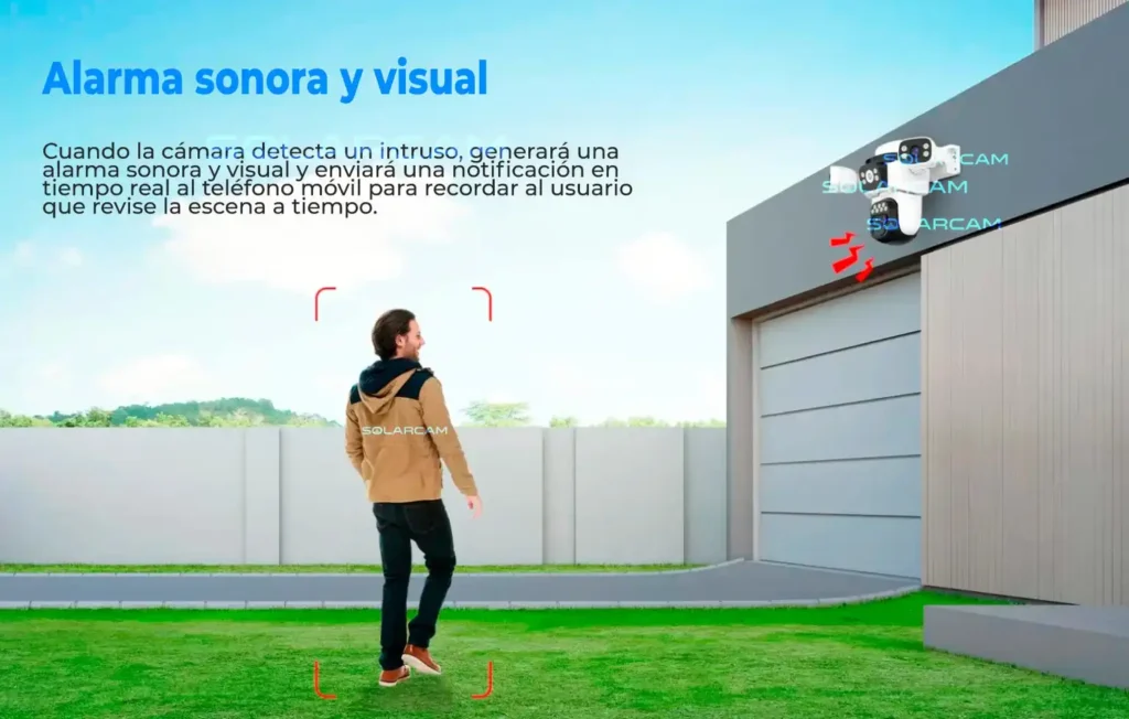 Sistema con alarma de luz y sonido, notificaciones en tiempo real al móvil.