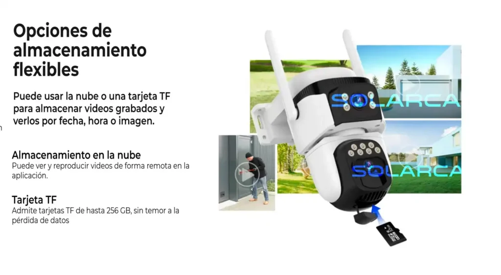 Opciones de almacenamiento en nube o tarjeta TF de hasta 256GB con acceso remoto.