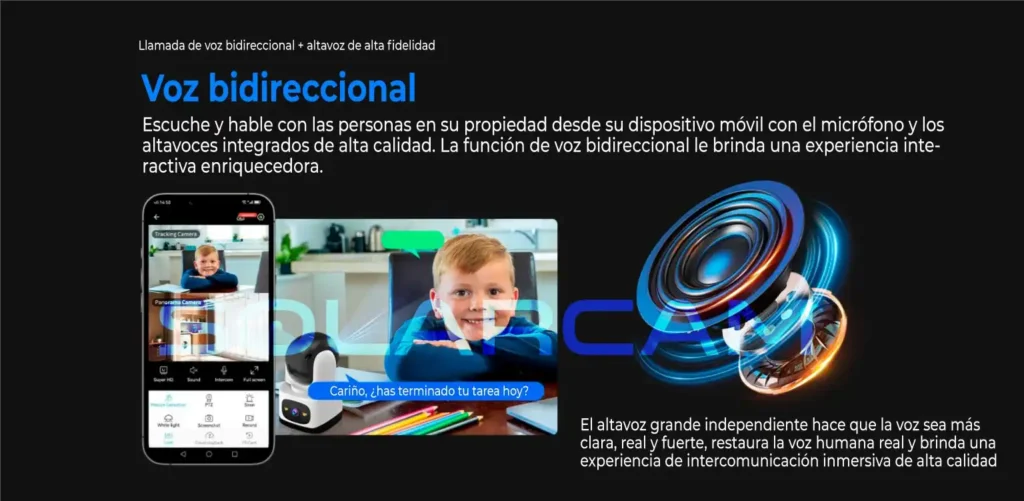 Sistema de audio con micrófono y altavoz de alta fidelidad para comunicación bidireccional clara y realista.