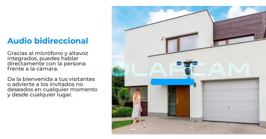 Cámara con micrófono y altavoz para hablar en tiempo real con visitantes o intrusos.