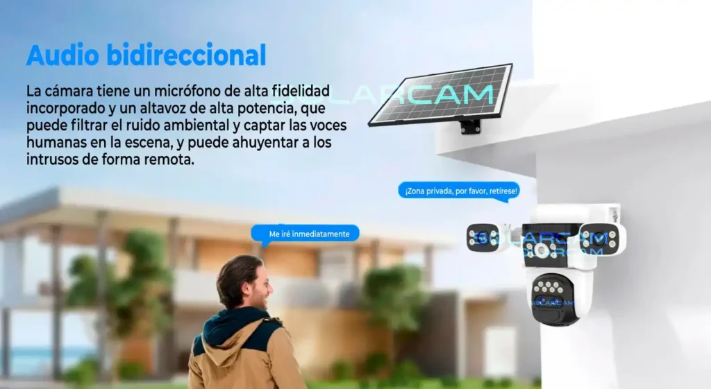 Sistema de audio bidireccional con micrófono HD y altavoz integrado.