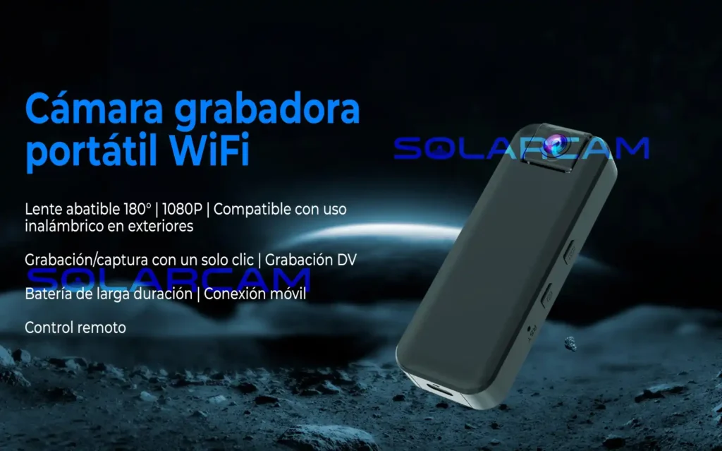 Cámara grabadora portátil WiFi 1080P con lente abatible 180 grados y batería de larga duración.
