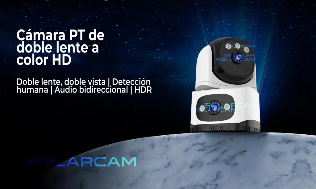 Vista frontal de cámara PT de doble lente recién lanzada, con funciones destacadas como detección humana, audio bidireccional y HDR.
