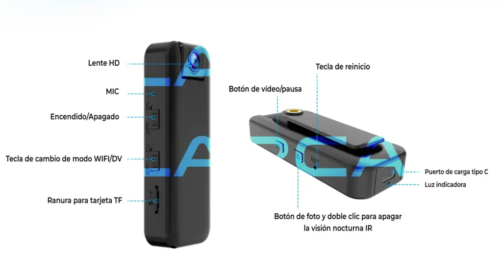 Vista de la cámara portátil WiFi con lente HD, botones de control, ranura TF y puerto tipo C.