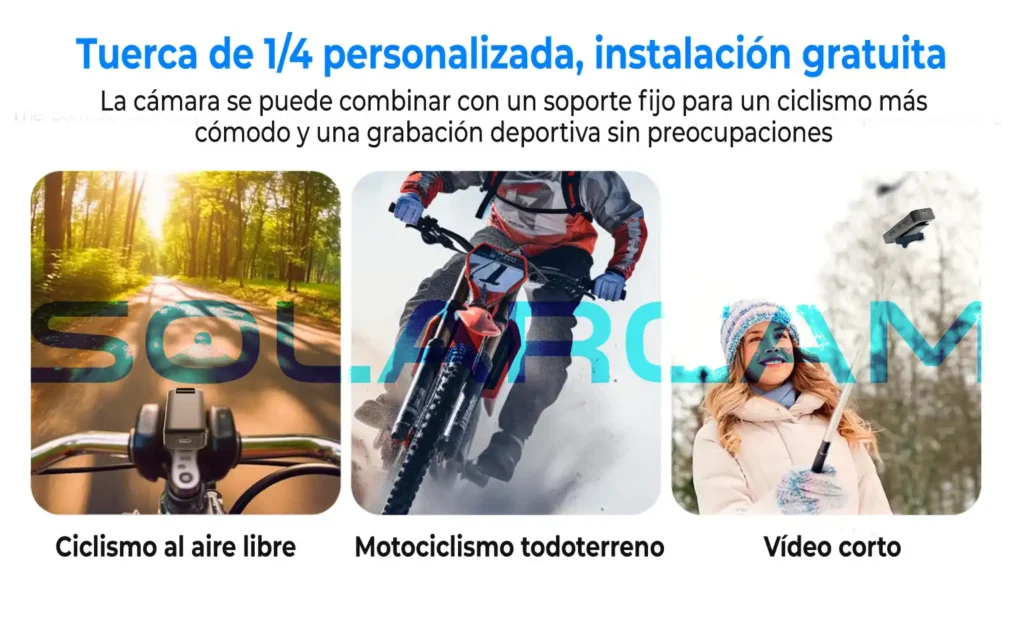 Cámara portátil WiFi compatible con soporte 1/4 para ciclismo, motociclismo y grabación deportiva.