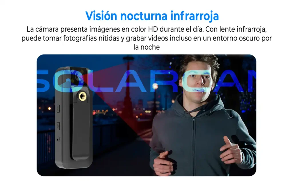 Cámara portátil WiFi con visión nocturna infrarroja para grabación en entornos oscuros.