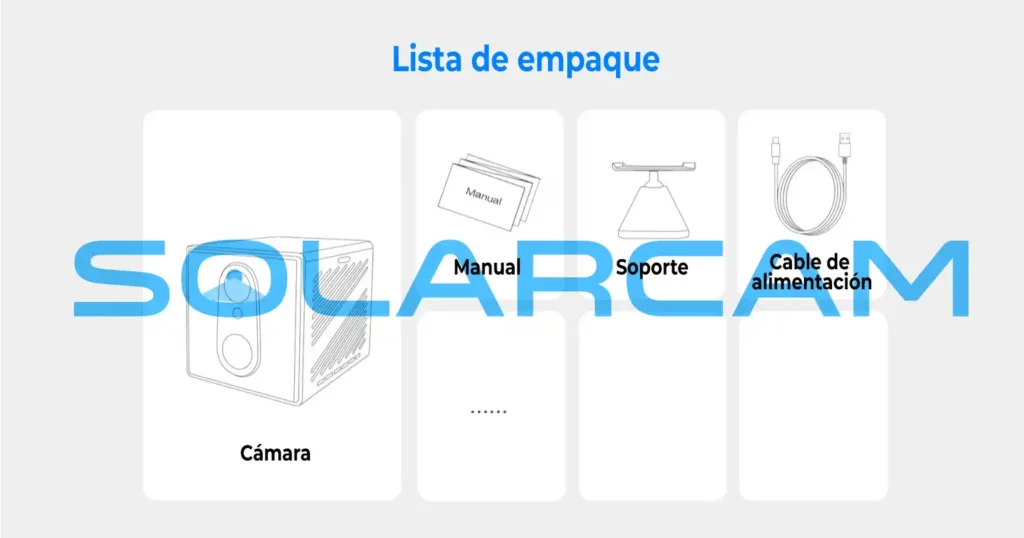 Contenido del empaque de la cámara interior WiFi: soporte, manual, cable y cámara