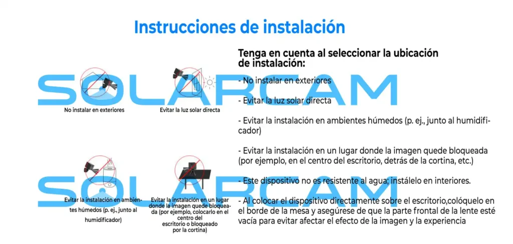 Instrucciones de instalación para cámara interior WiFi, evitando humedad y luz directa