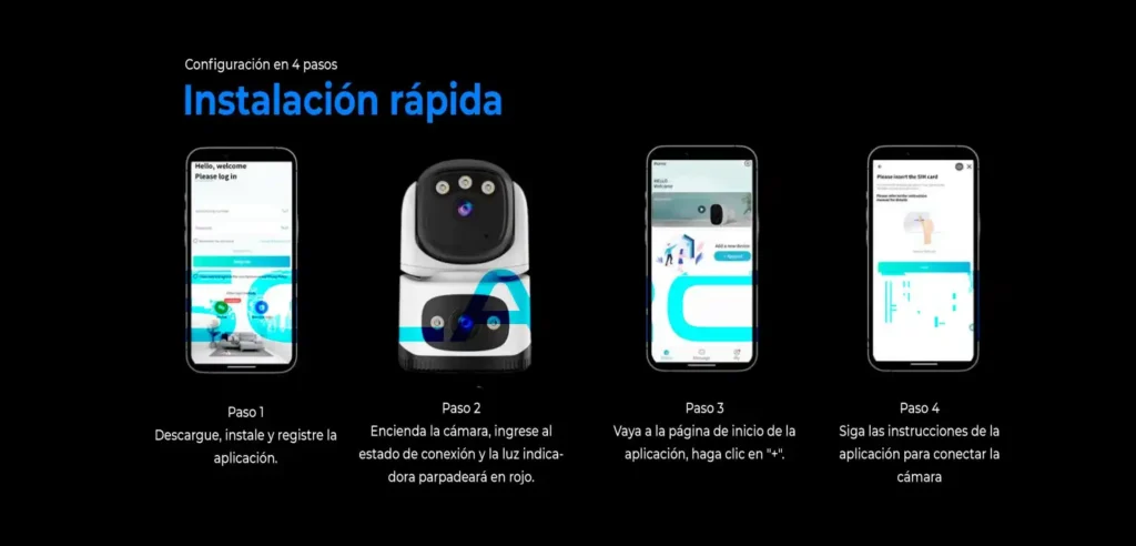 Imagen con los cuatro pasos de configuración: descargar la app, encender la cámara, agregar dispositivo y finalizar conexión.