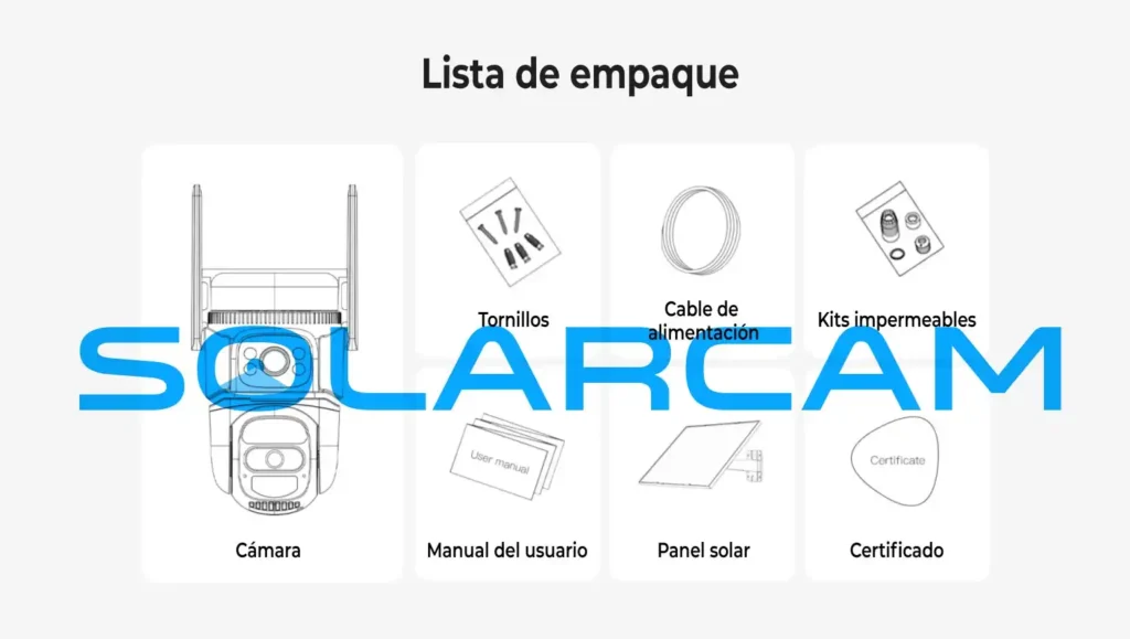 Accesorios incluidos: cámara, panel solar, cable de alimentación, tornillos y manual.