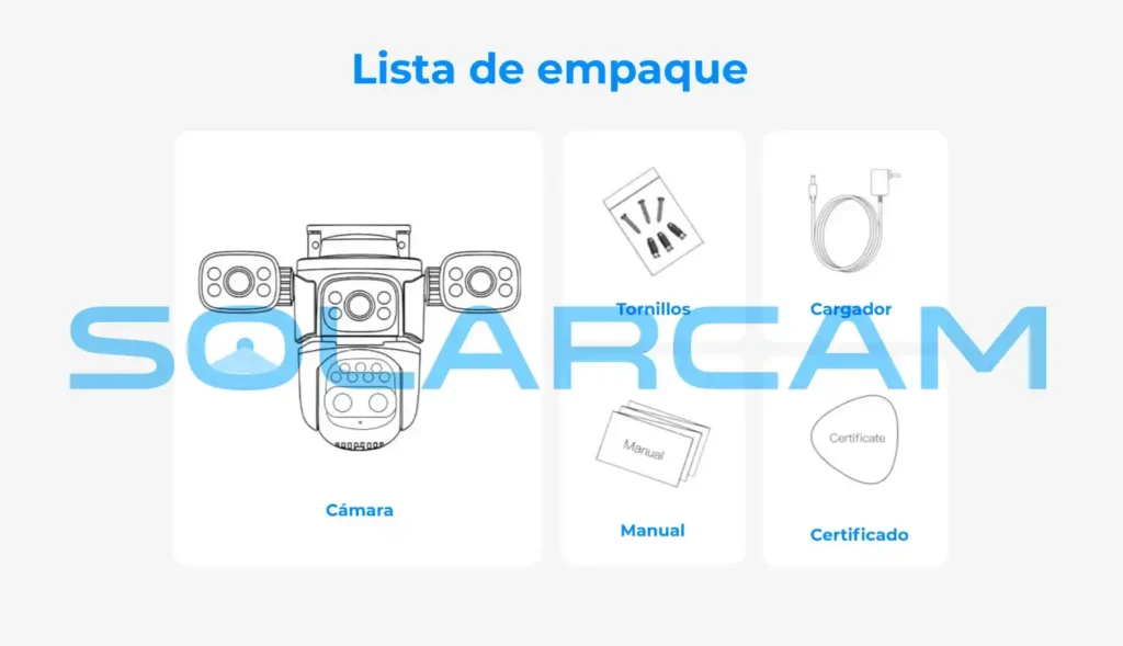 Incluye tornillos, cargador, manual, certificado y cámara.
