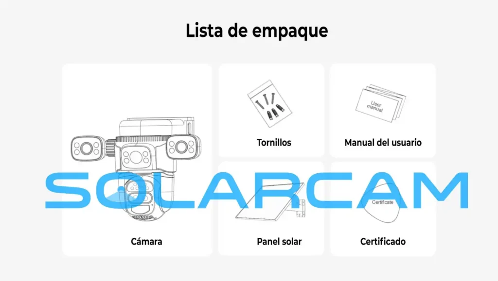 Contenido del paquete: cámara, panel solar, tornillos, manual y certificación.