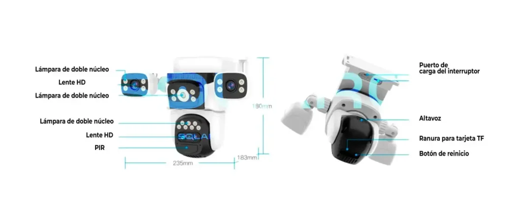 Diagrama técnico con distribución de lentes, lámparas, altavoz y ranuras.