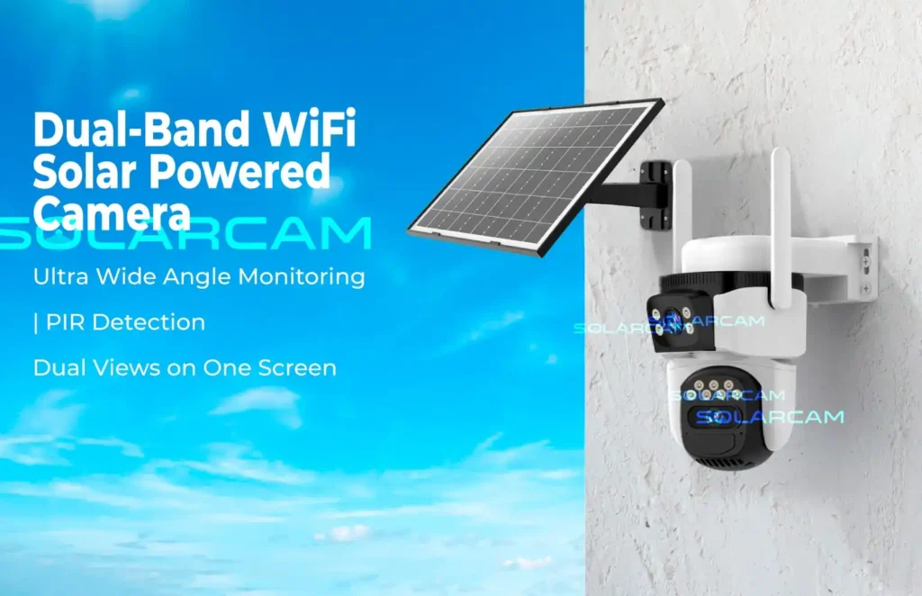 Equipo solar de doble banda con vista dual en pantalla y detección PIR para monitoreo amplio.