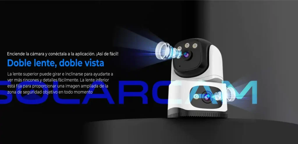 Diagrama de cámara con lente superior giratoria e inclinable y lente inferior fija para ampliar la cobertura sin puntos ciegos.