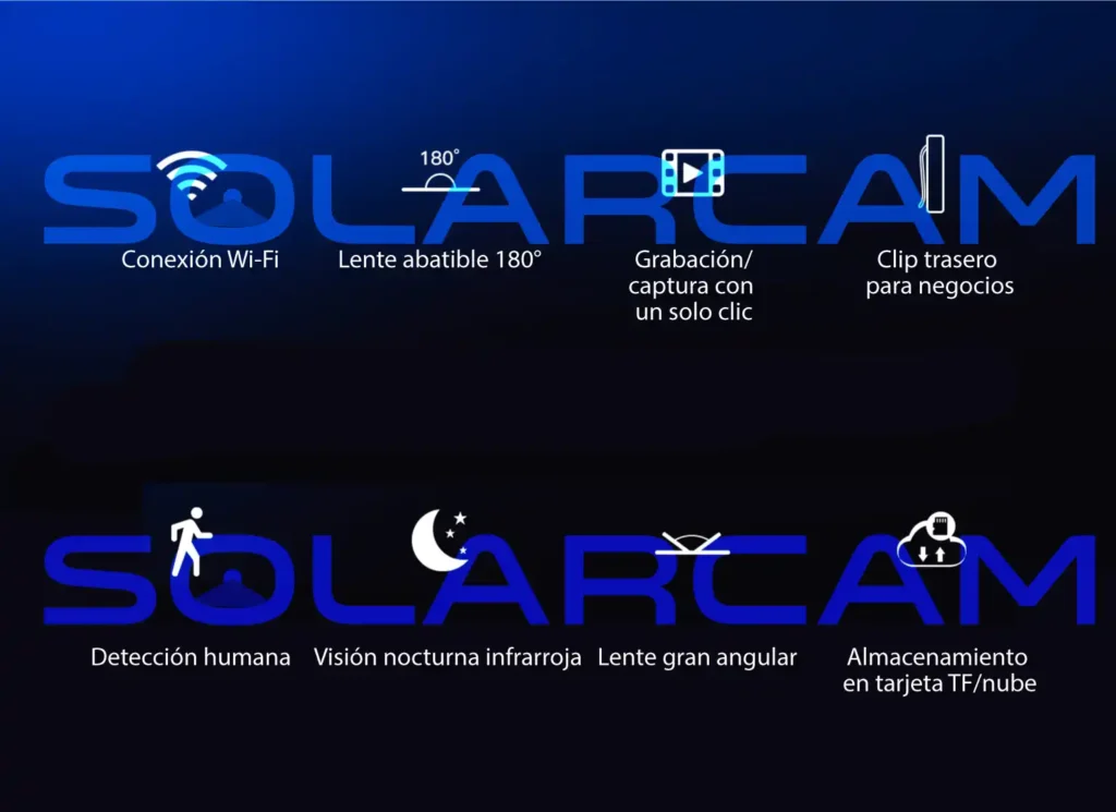 Funciones de cámara portátil WiFi con lente abatible 180°, visión nocturna y detección humana.