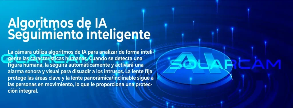 Algoritmos de IA para seguimiento humano con alarmas sonoras y visuales de disuasión.