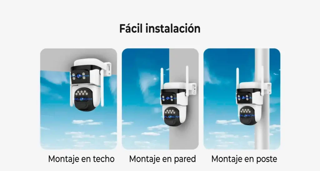 Opciones de instalación versátiles en techo, pared o poste según el entorno.