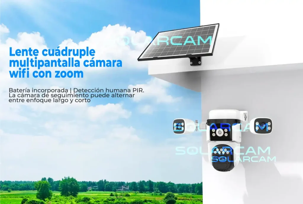 Lente cuádruple con zoom 10X y detección humana PIR, ideal para vigilancia.