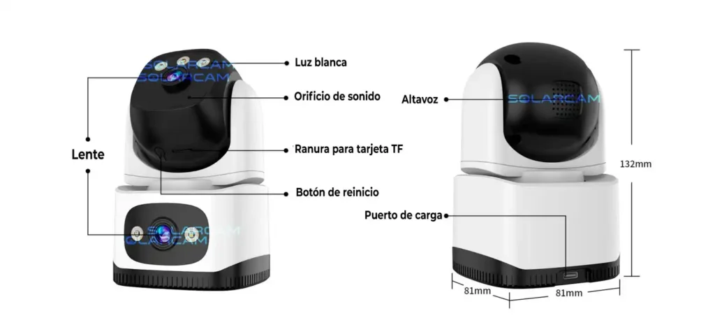 Imagen señalando lente, luz blanca, ranura TF, altavoz, orificio de sonido, botón de reinicio y puerto de carga.