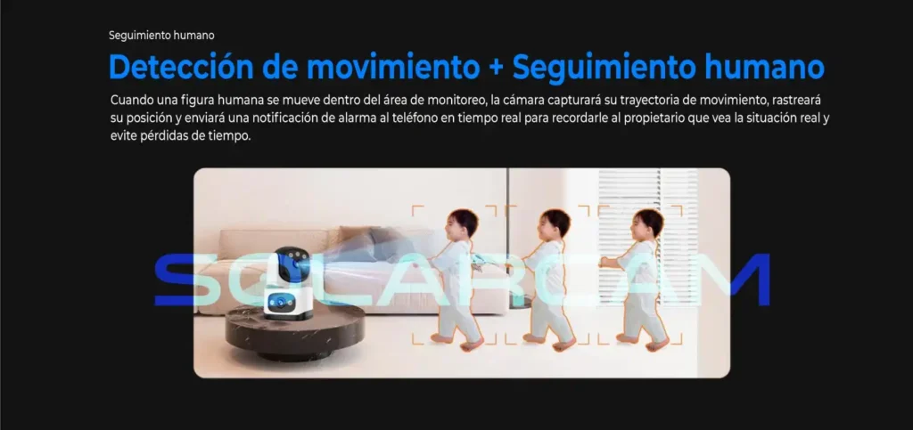 Diagrama del seguimiento automático donde la cámara sigue la trayectoria de una persona y envía alertas inmediatas.