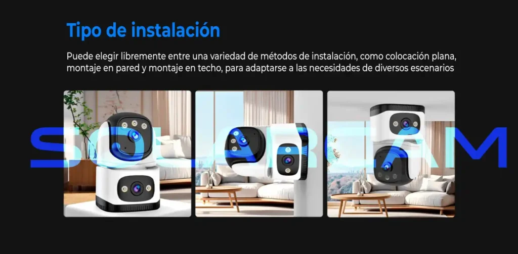 Representación de métodos de instalación: posición plana, montaje en pared y montaje en techo.