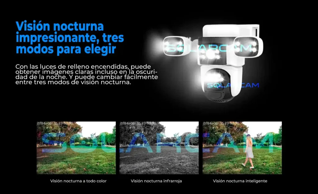 Iluminación nocturna con opciones a color, infrarrojo o modo inteligente.