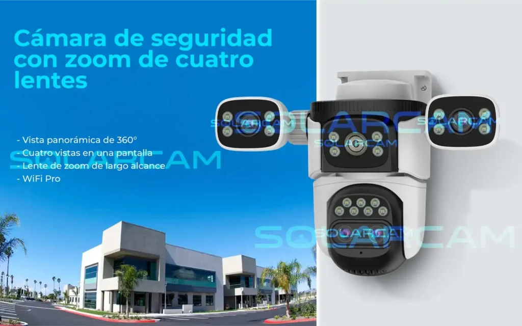 Vista panorámica 360° mostrando la cámara de seguridad con cuatro lentes y zoom integrado.
